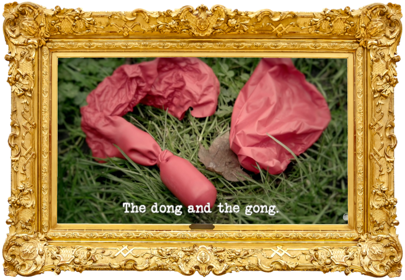 Image of the remnants of a burst red balloon on some grass (taken during the 'Burst all of the balloons' task), with the episode title, 'The dong and the gong', superimposed on it.