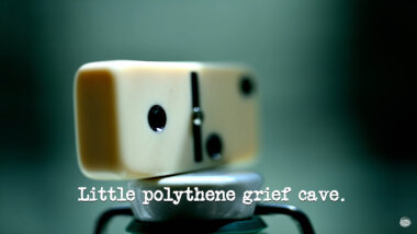 Image of a domino balanced on top of something (taken during the 'Make the best domino rally' task), with the episode title, 'Little polythene grief cave', superimposed on it.