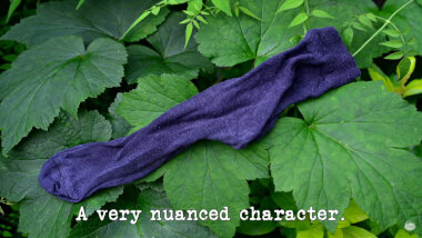 Image of a sock lying across the leaves of a plant (taken during the 'Spread your clothes far and wide' task), with the episode title, 'A very nuanced character', superimposed on it.