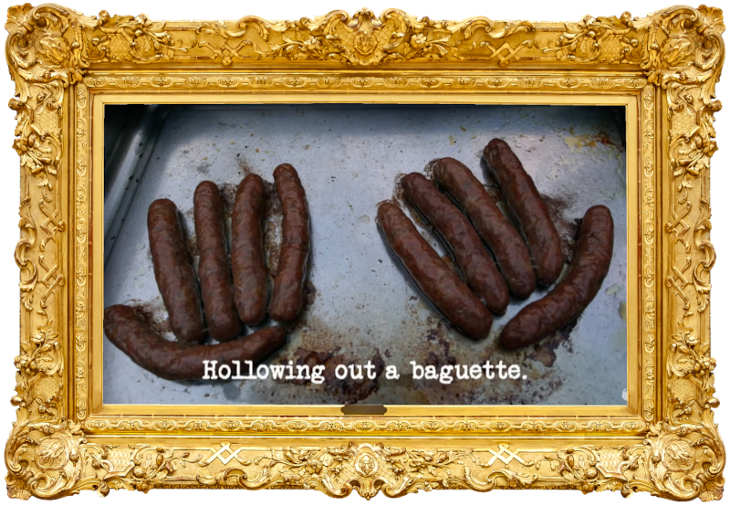Image of ten cooked sausages on a baking tray, arranged in the form of two hands (presumably a reference to Greg calling Mel Giedroyc 'Sausage Gloves', after she put sausages inside her driving gloves during the 'Persuade three animals to stand on the mat' task), with the episode title, 'Hollowing out a baguette', superimposed on it.