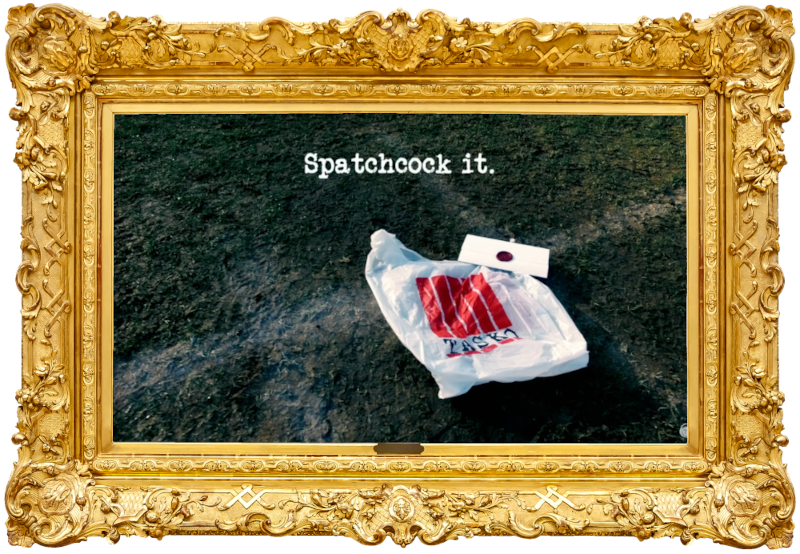 Image of a 'Tasko' brand plastic carrier bag (taken during the 'Score a goal with a shopping bag' task), with the episode title, 'Spatchcock it', superimposed on it.