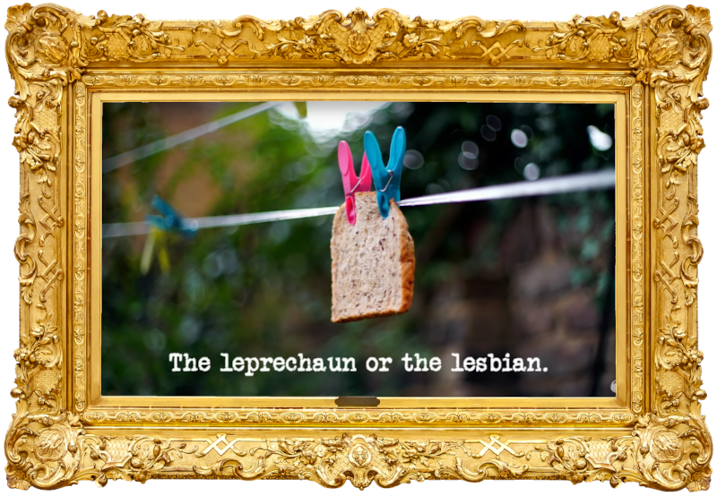 Image of a slice of bread, attached to a clothes line with clothes pegs (presumably a reference to the 'Slice bread using something from the caravan' task), with the episode title, 'The leprechaun or the lesbian', superimposed on it.