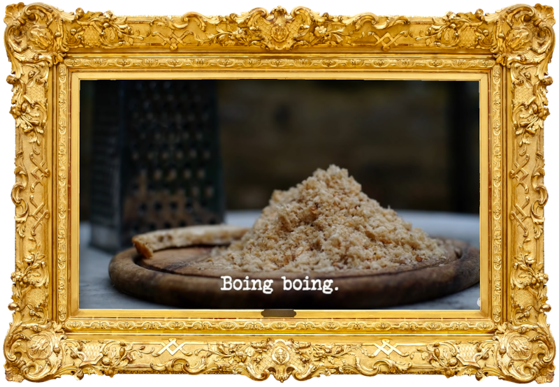 Image of a pile of breadcrumbs on a breadboard (a reference to the use of breadcrumbs in the 'Travel blindfolded for three minutes and retrace your steps' task), with the episode title, 'Boing boing', superimposed on it.