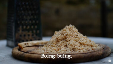 Image of a pile of breadcrumbs on a breadboard (a reference to the use of breadcrumbs in the 'Travel blindfolded for three minutes and retrace your steps' task), with the episode title, 'Boing boing', superimposed on it.