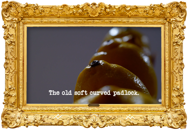 Image of four lemons in a line (a reference to the 'Make the tallest lemon tower' task), with the episode title, 'The old soft curved padlock', superimposed on it.