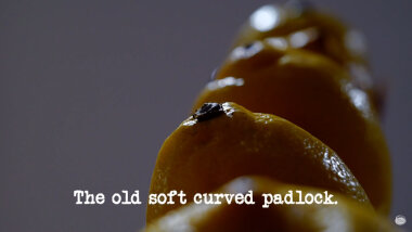 Image of four lemons in a line (a reference to the 'Make the tallest lemon tower' task), with the episode title, 'The old soft curved padlock', superimposed on it.