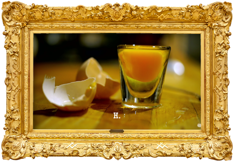 Image of the two halves of an egg shell, and its contents in a shot glass (presumably a reference to the two tasks in the episode involving eggs), with the episode title, 'H', superimposed on it.