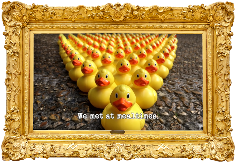 Image of a densely-packed triangle of rubber ducks on a concrete surface (taken during the 'Knock over the ducks without leaving the carpet' task), with the episode title, 'We met at mealtimes', superimposed on it.