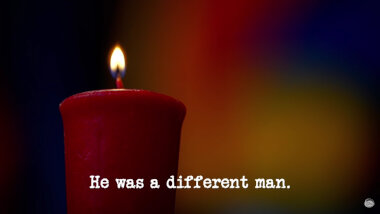 Image of a lit candle (a reference to the 'Blow out a candle from a distance' task), with the episode title, 'He was a different man', superimposed on it.