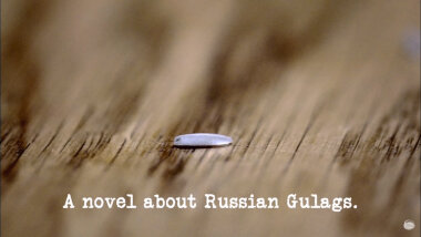 Image of a single grain of rice on a wooden surface (a reference to the 'Transfer the rice to the bottle' task), with the episode title, 'A novel about Russian Gulags', superimposed on it.