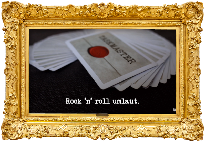 Image of the custom deck of Taskmaster themed playing cards featured in the 'Recall the order of the deck of cards' task, with the episode title, 'Rock ‘n’ roll umlaut', superimposed on it.