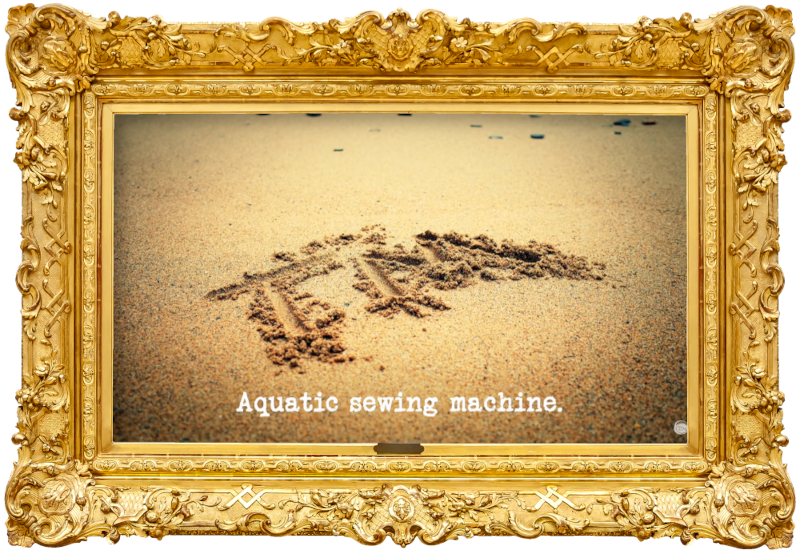 Image of the letters 'TM' written in the sand of a beach (a reference to the 'Make a portrait of a former contestant using sand and one tool' task), with the episode title, 'Aquatic sewing machine', superimposed on it.