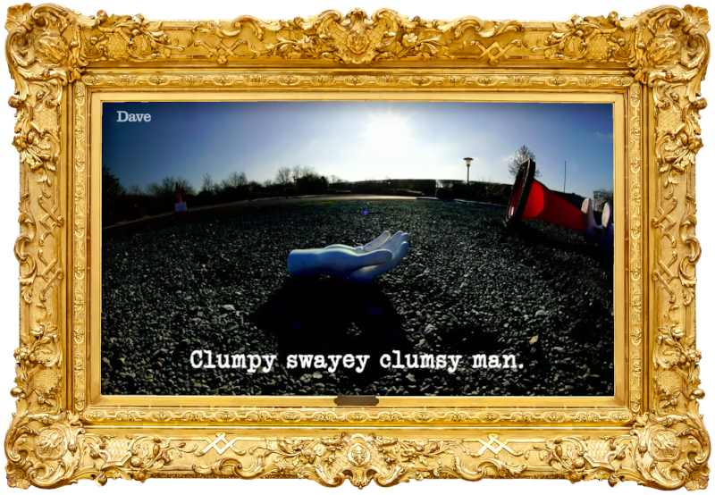 Image of a mannequin hand and a felled traffic cone on a tarmac surface (taken during the 'Blindly drive a mobility scooter around a course' task), with the episode title, 'Clumpy swayey clumsy man', superimposed on it.