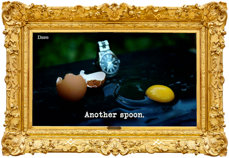 Image of the two halves of an egg shell, a wristwatch, and the contents of the egg, on a smooth black surface (a reference to the 'Make an accurate and inventive egg timer' task), with the episode title, 'Another spoon', superimposed on it.