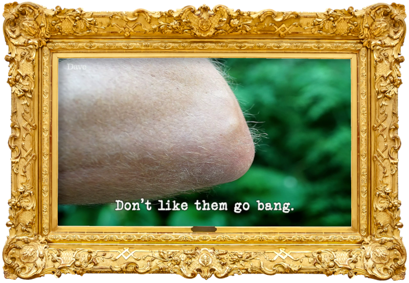 Image of someone's elbow (a reference to the 'Make a famous couple using knees and/or elbows' task), with the episode title, 'Don’t like them go bang', superimposed on it.
