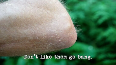 Image of someone's elbow (a reference to the 'Make a famous couple using knees and/or elbows' task), with the episode title, 'Don’t like them go bang', superimposed on it.