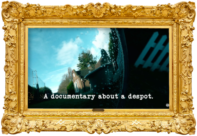 Image of a reflection of the Taskmaster house on a convex mirror (this does not appear to be a reference to anything that occurs during the episode), with the episode title, 'A documentary about a despot', superimposed on it.