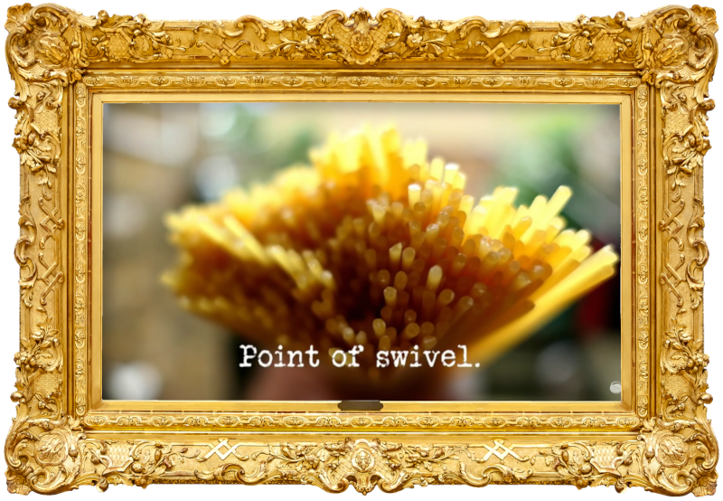 Image of a bunch of uncooked spaghetti (a reference to the 'Put the most spaghetti in a grapefruit' task), with the episode title, 'Point of swivel', superimposed on it.