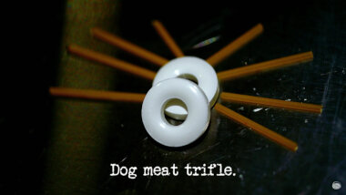 Image of two Polo mints arranged on a collection of eight short lengths of uncooked spaghetti (a reference to the 'Balance all the mints or biscuits on a spaghetti bridge' task), with the episode title, 'Dog meat trifle', superimposed on it.