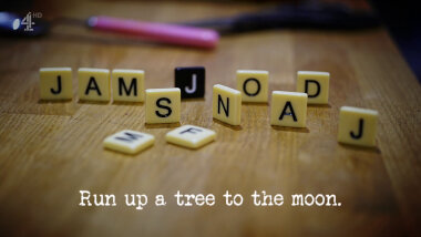 Image of a collection of scrabble tiles on a wooden surface, spelling out Sarah Kendall's acronym 'JAMJOD SNAJ' (from the 'Create a days in month mnemonic' task), with the episode title, 'Run up a tree to the moon', superimposed on it.