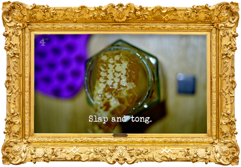 Image of a hexagonal jar containing a piece of real honeycomb (a reference to the 'Make the best uniform for this bee' task), with the episode title, 'Slap and tong', superimposed on it.