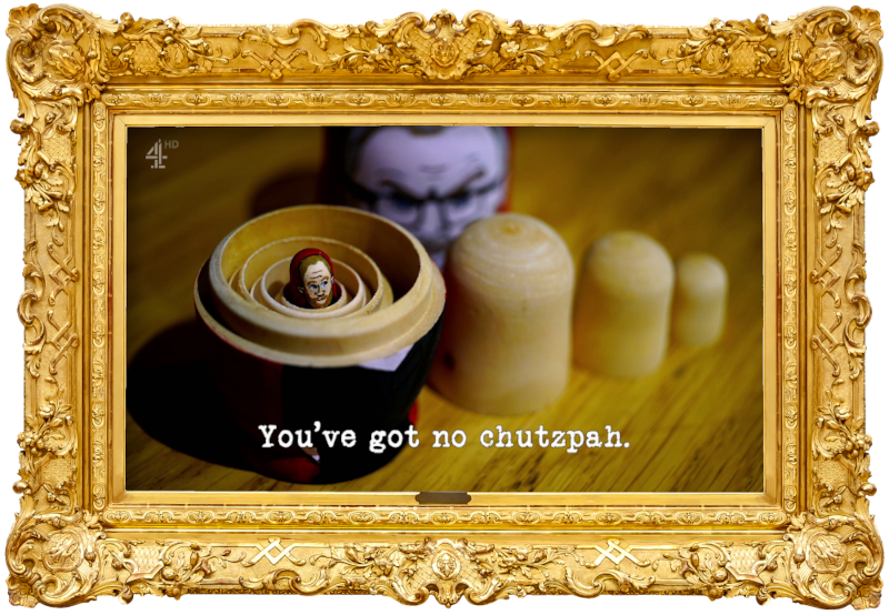 Image of a Russian matryoshka nesting doll (a reference to the 'Make the best babushka meal' task), with the episode title, 'You’ve got no chutzpah', superimposed on it.
