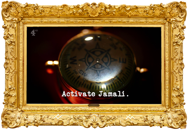 Image of a navigational compass (a reference to the 'Direct a teammate into the red circle' task), with the episode title, 'Activate Jamali', superimposed on it.