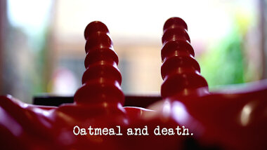 Image of the handles at the top of a space hopper (a reference to the 'Paint the space hopper green' task), with the episode title, 'Oatmeal and death', superimposed on it.