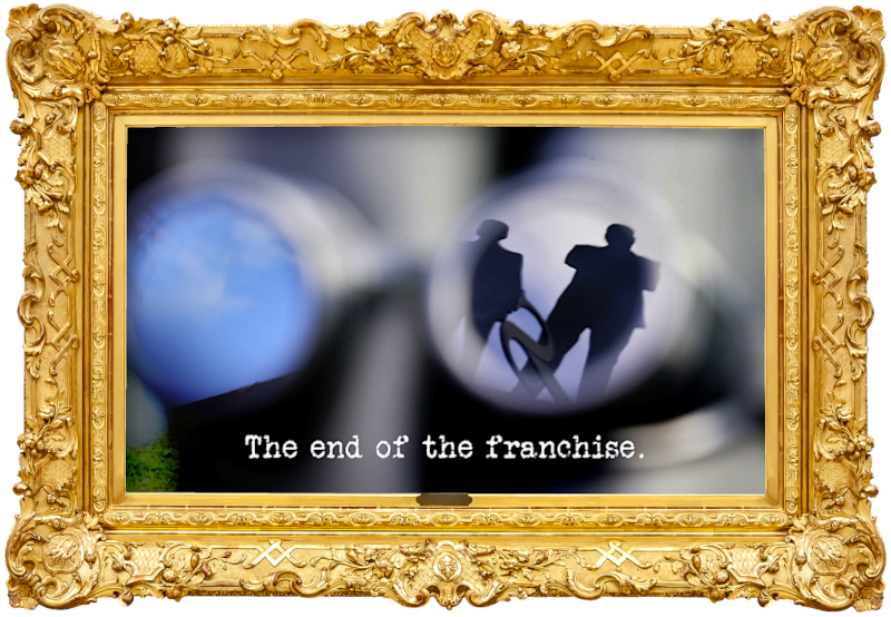 Image of the Taskmaster weather vane, reflected on the surface of the goggles of the welly-cam used in the 'Film a thrilling sequence with a welly-cam' task, with the episode title, 'The end of the franchise', superimposed on it.