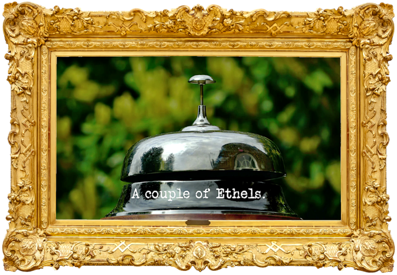Image of a large service bell (a reference to the 'Make a popcorn necklace and do the right thing' task), with the episode title, 'A couple of Ethels', superimposed on it.
