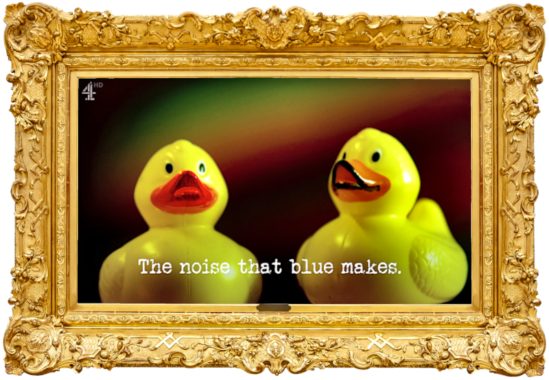 Image of two rubber ducks (a reference to the 'Find all ten ducks in the lab' task), with the episode title, 'The noise that blue makes', superimposed on it.