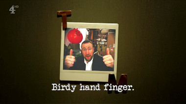 Image of a Polaroid photo of Alex in a room full of stuff (including a space hopper), attached to a surface with magnets in the shape of the letters 'T' and 'M' (presumably a reference to the 'Recreate the coolest photo from your phone' task), with the episode title, 'Birdy hand finger', superimposed on it.
