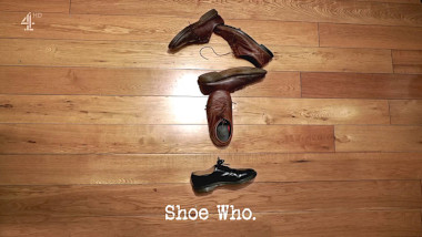 Image of five shoes arranged on a wooden floor in the shape of a question mark (a reference to the 'Guess Shoe' task), with the episode title, 'Shoe Who', superimposed on it.