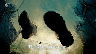 Image looking up through the roof of the plastic dome at a pair of boots (a reference to the 'Record a high number on a pedometer' task), with the episode title, 'The 75th question', superimposed on it.