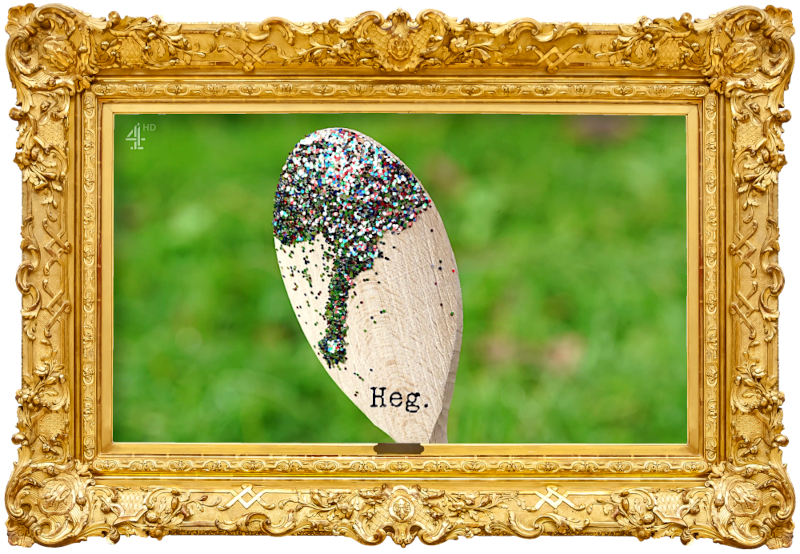 Image of a wooden spoon with glitter covering the end of it (a reference to Ardal O'Hanlon's attempt at the 'Show off' task), with the episode title, 'Heg', superimposed on it.