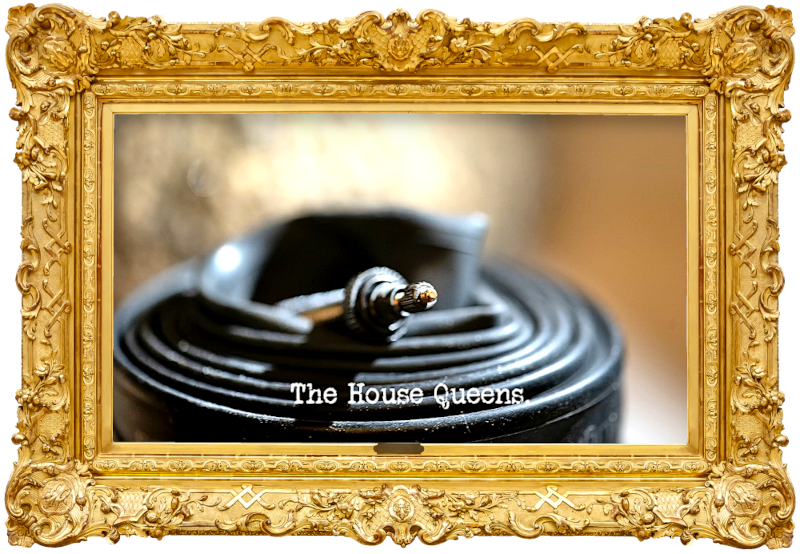 Image of a coiled up bicycle wheel inner tube (a reference to the 'Identify the liquids' task), with the episode title, 'The House Queens', superimposed on it.