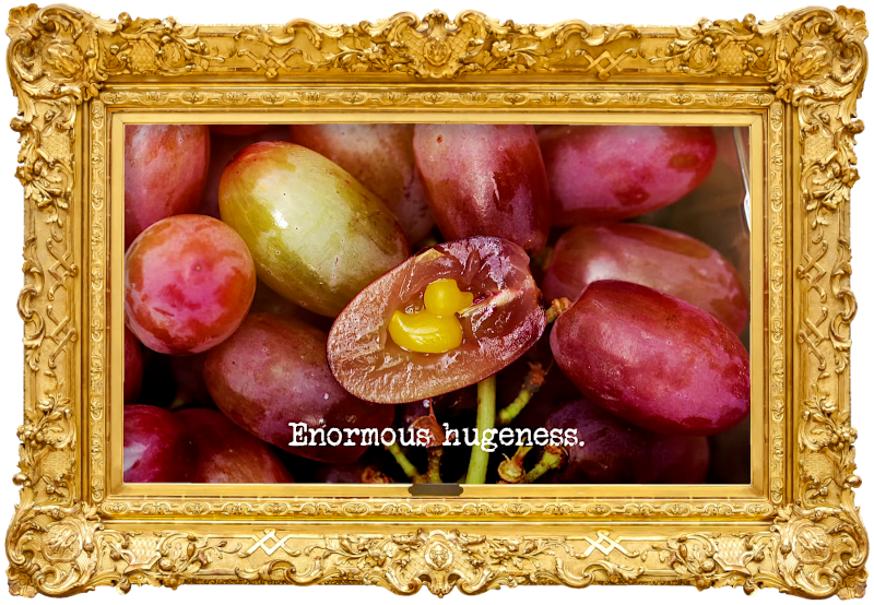 Image of a bunch of grapes, with one cut open to reveal a tiny rubber duck inside (a reference to both the 'Put five grapes in the little bowl' task, and the 'Sort the ducks and the socks' task), with the episode title, 'Enormous hugeness', superimposed on it.