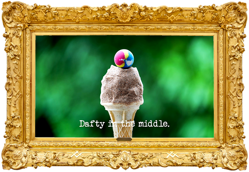 Image of an ice cream cone dusted with sand, with a bouncy ball on top (a three-way combined reference to the 'Put the most sand in the shopping trolley' task, the 'Identify the ice cream flavours' task, and the 'Catch something' task), with the episode title, 'Dafty in the middle', superimposed on it.