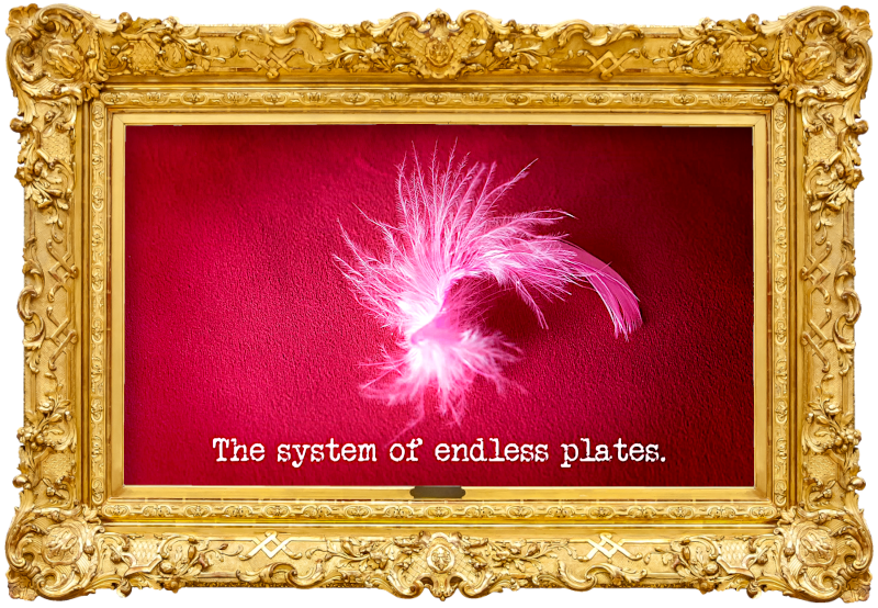 Image of a white feather on a red cushion (a reference to the 'Get this feather into the bath' task), with the episode title, 'The system of endless plates', superimposed on it.