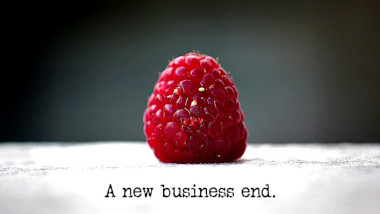 Image of a raspberry on a white surface (a reference to the 'Snort, raspberry, whistle' task), with the episode title, 'A new business end', superimposed on it.