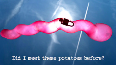 Image of a long, wiggly, inflated balloon, seen from below, with the silhouette of a padlock visible through it (a reference to both the 'Eat the grape' and 'Land a balloon near the Taskmaster' tasks), with the episode title, 'Did I meet these potatoes before?', superimposed on it.