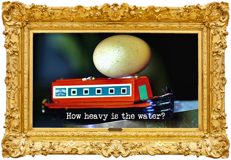 Photo of an egg balanced on top of a toy narrowboat (a reference to the 'Make the fastest egg boat' tasks), with the episode title, 'How heavy is the water?', superimposed on it.