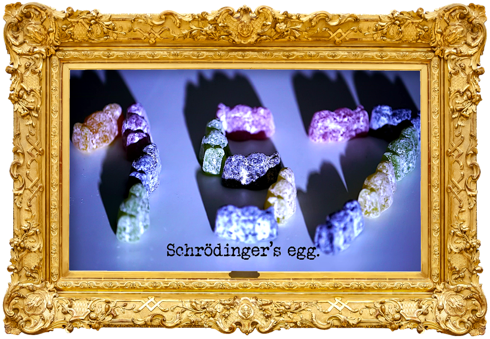 Photo of some jelly babies arranged to form the digits for the number 157 (a reference to the 'Free yourselves and have a team hug' task, and the season and episode numbers), with the episode title, 'Schrödinger's egg', superimposed on it.