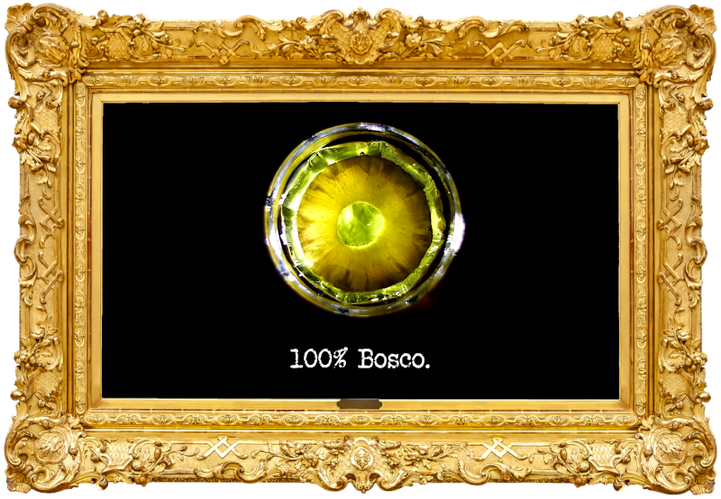 Photo of a pineapple ring inside something (a reference to the 'Pile the pineapples on the path' task), with the episode title, '100% Bosco', superimposed on it.