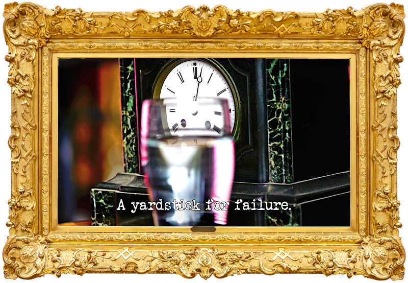 Photo of a pint of water (a reference to the 'Fill the glass up to the line' task) in front of a carriage clock, with the episode title, 'A yardstick for failure', superimposed on it.