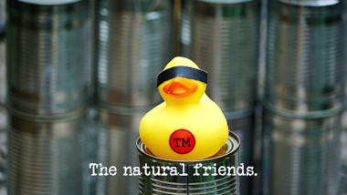 Photo of a rubber duck with black tape over its eyes, on top of a tin can (a reference to the 'Build a tower of cans in the lab' and 'Get the duck into the lake' tasks), with the episode title, 'The natural friends', superimposed on it.
