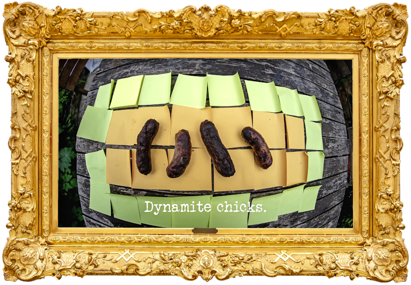 Photo of four cooked sausages laid on top of a grid of sticky notes (a reference to the 'Make a surprisingly pleasant sausage' and 'Recreate a well-known piece of art on 100 memo squares' tasks), with the episode title, 'Dynamite chicks', superimposed on it.