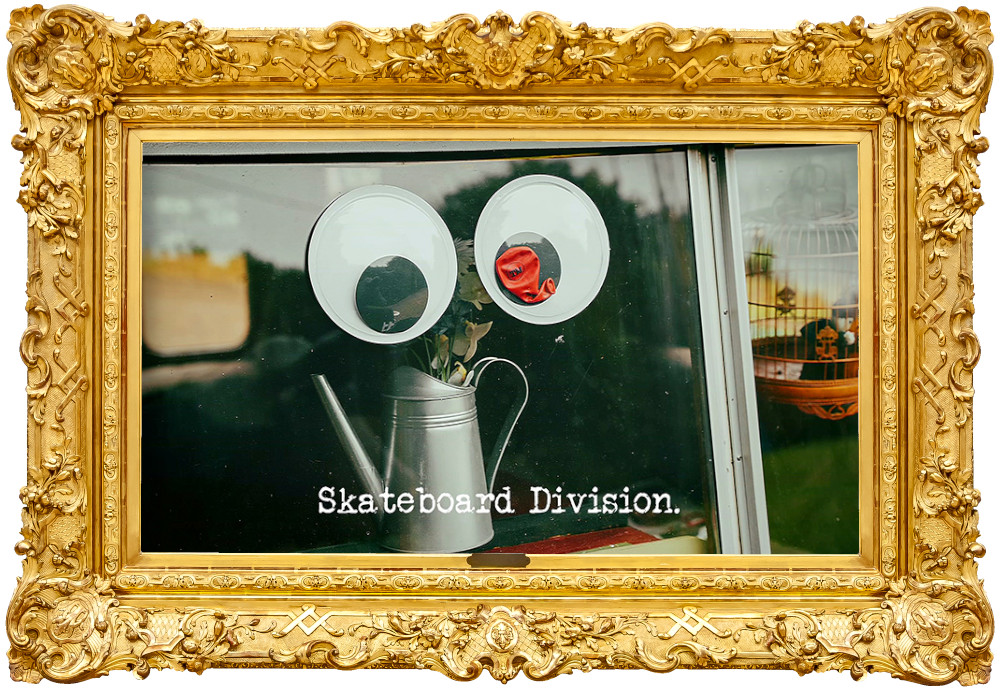 Photo of two giant googly eyes stuck to the window of the Taskmaster caravan, one of which has a deflated red Taskmaster balloon attached to it (a reference to both the 'Make a cool but scary googly-eyed gang' and 'Burst the balloon without looking at it' tasks), with the episode title, 'Skateboard Division', superimposed on it.