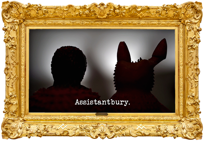 Photo of the silhouettes of the backs of the heads of the 3D-printed versions of the 'British animals' created in series 11 episode 8 (referencing the 'Make the back of your head look like the front of a head' task), with the episode title, 'Assistantbury', superimposed on it.