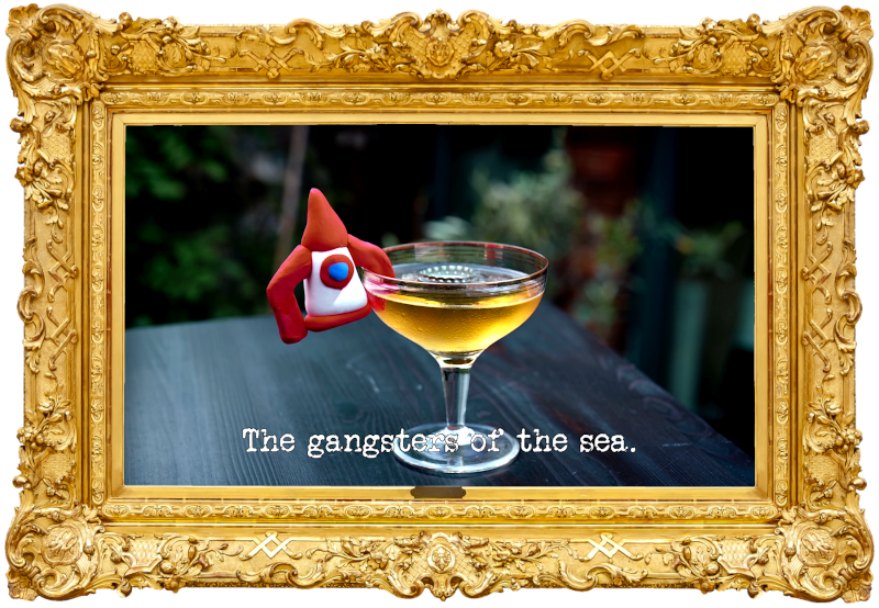 Photo of a red and white modelling clay rocket, hung over the side of a cocktail glass full of an amber-coloured beverage, and with a bottle cap floating on the surface (referencing the 'Put a rocket in your pocket' and 'Win the pub quiz by cheating' tasks), with the episode title, 'The gangsters of the sea', superimposed on it.